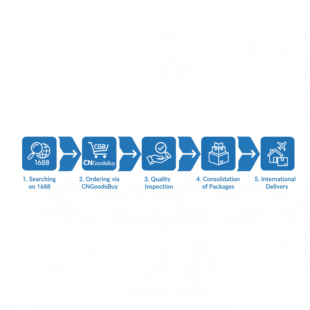 Infographic showing the step-by-step process of sourcing from 1688 through CNGoodsBuy.