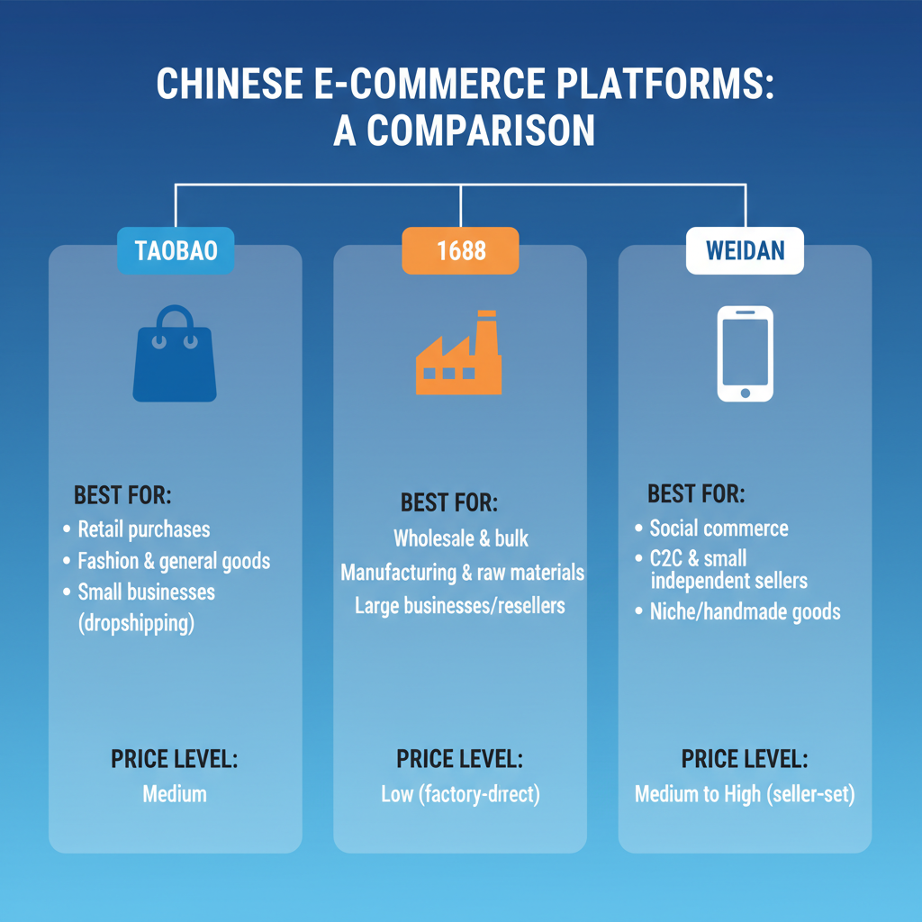A comparison infographic showing the differences between Taobao, 1688, and Weidian marketplaces.
