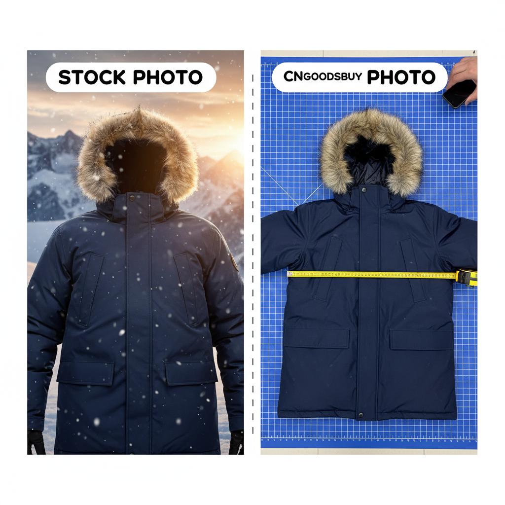 Comparison between a professional stock photo and a realistic warehouse quality inspection photo with measurements.