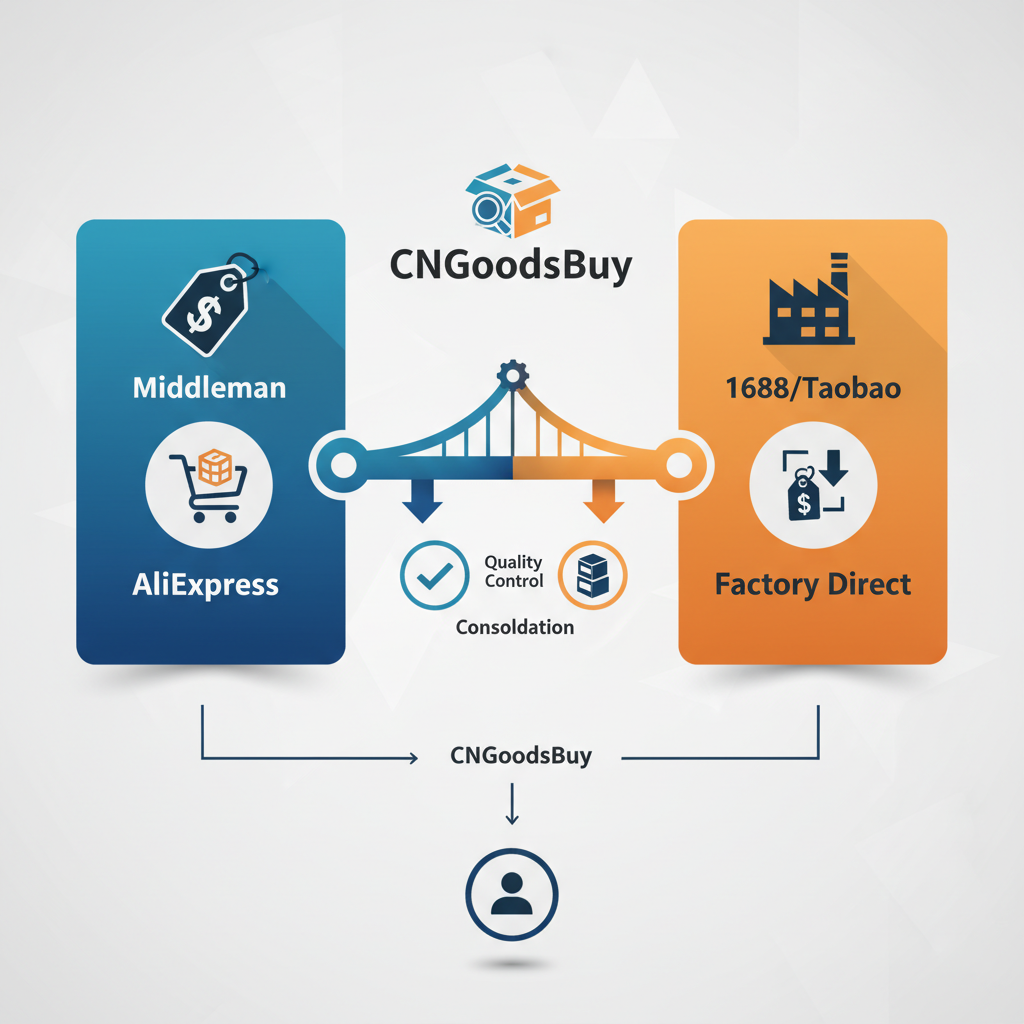Infographic comparing the cost and benefits of sourcing from AliExpress versus sourcing from 1688 via a China buying agent.
