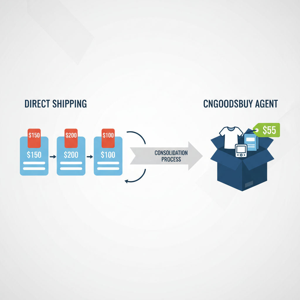 Infographic comparing the high cost of individual direct shipping vs the savings of package consolidation with a buying agent.