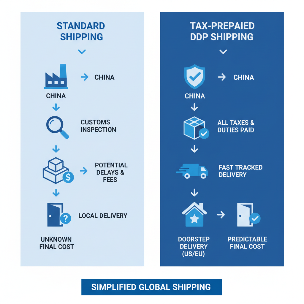 Infographic comparing standard shipping and tax-prepaid shipping methods for importing from China.