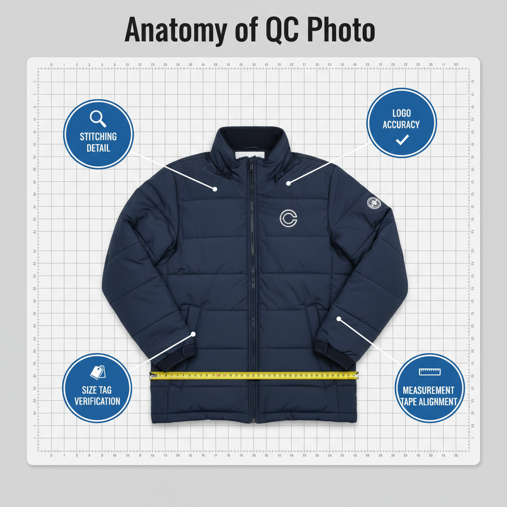 An infographic showing how a buying agent checks for quality, measurements, and logos during the QC process.