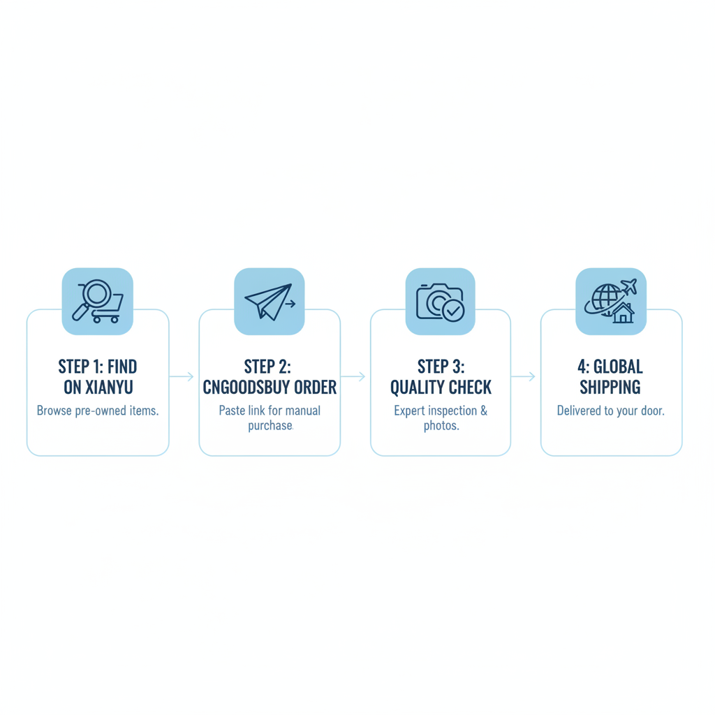 An infographic showing the 4-step process of buying from Xianyu using CNGoodsBuy manual order service.