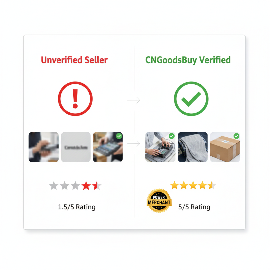 Comparison infographic showing the difference between an unverified seller and a CNGoodsBuy verified supplier.