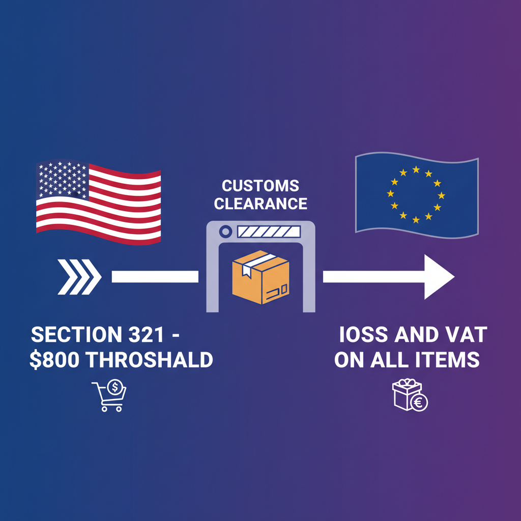 Infographic comparing US Section 321 and EU IOSS customs regulations for international buyers.