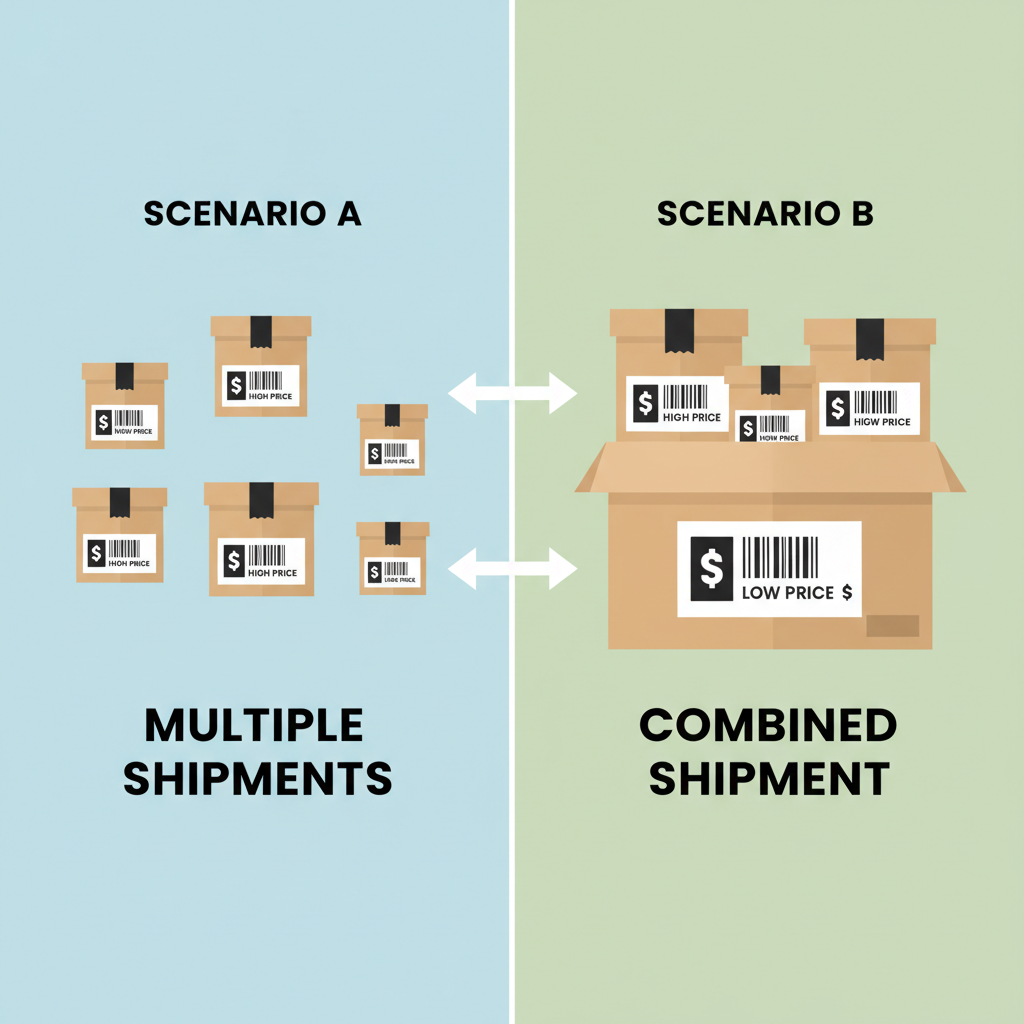 Infographic showing the cost savings of combining multiple small packages into one consolidated shipment.