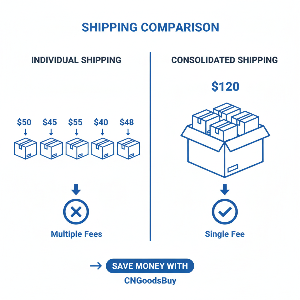 Infographic comparing the cost of shipping five individual parcels versus one consolidated parcel from China.
