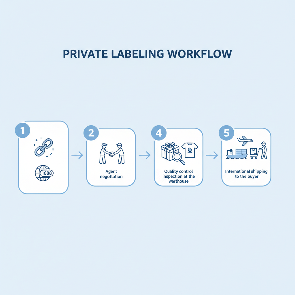 Infographic showing the step-by-step process of private labeling products from 1688 with a China agent.