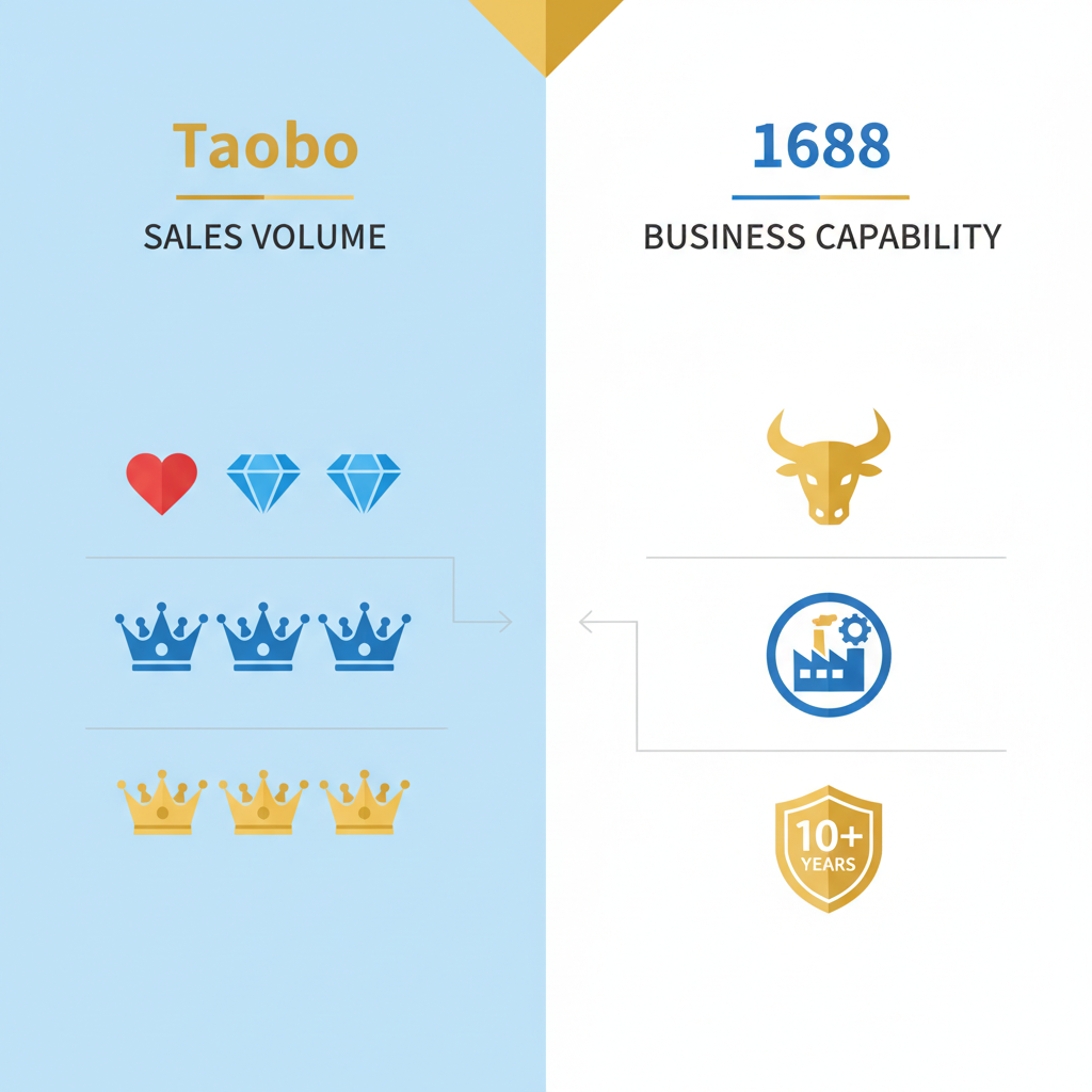 Infographic comparing Taobao and 1688 rating icons and trust signals.