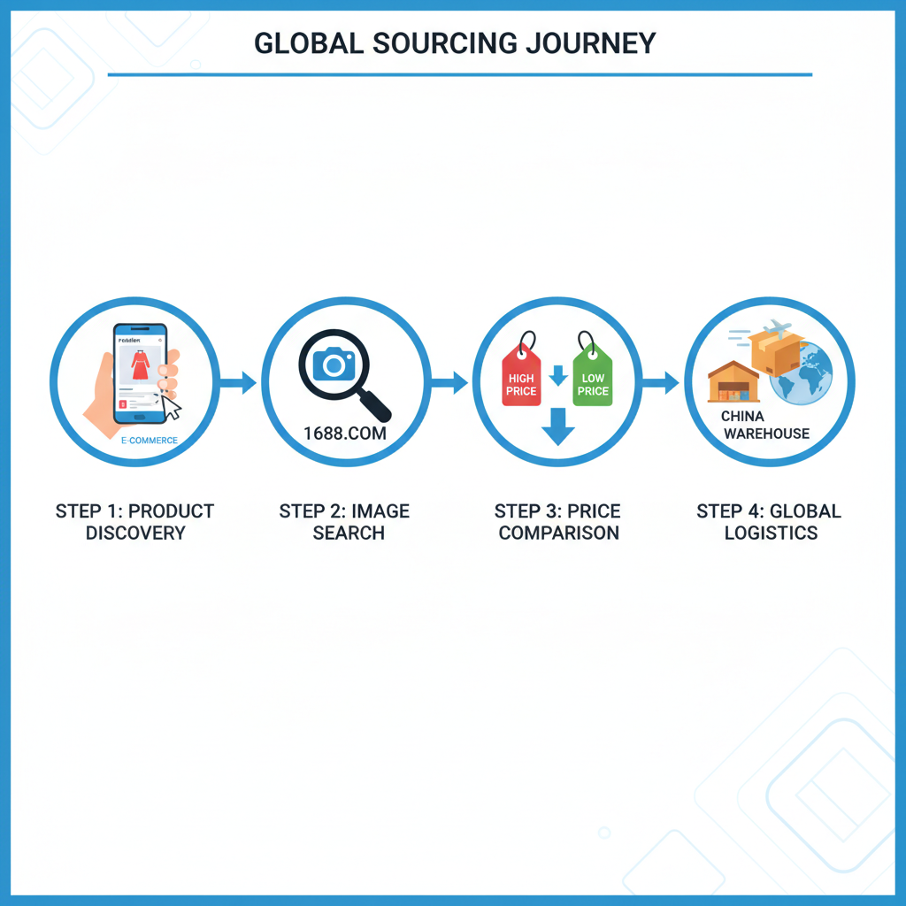 Infographic showing the process of taking a screenshot and finding cheaper prices on 1688 for international shipping.