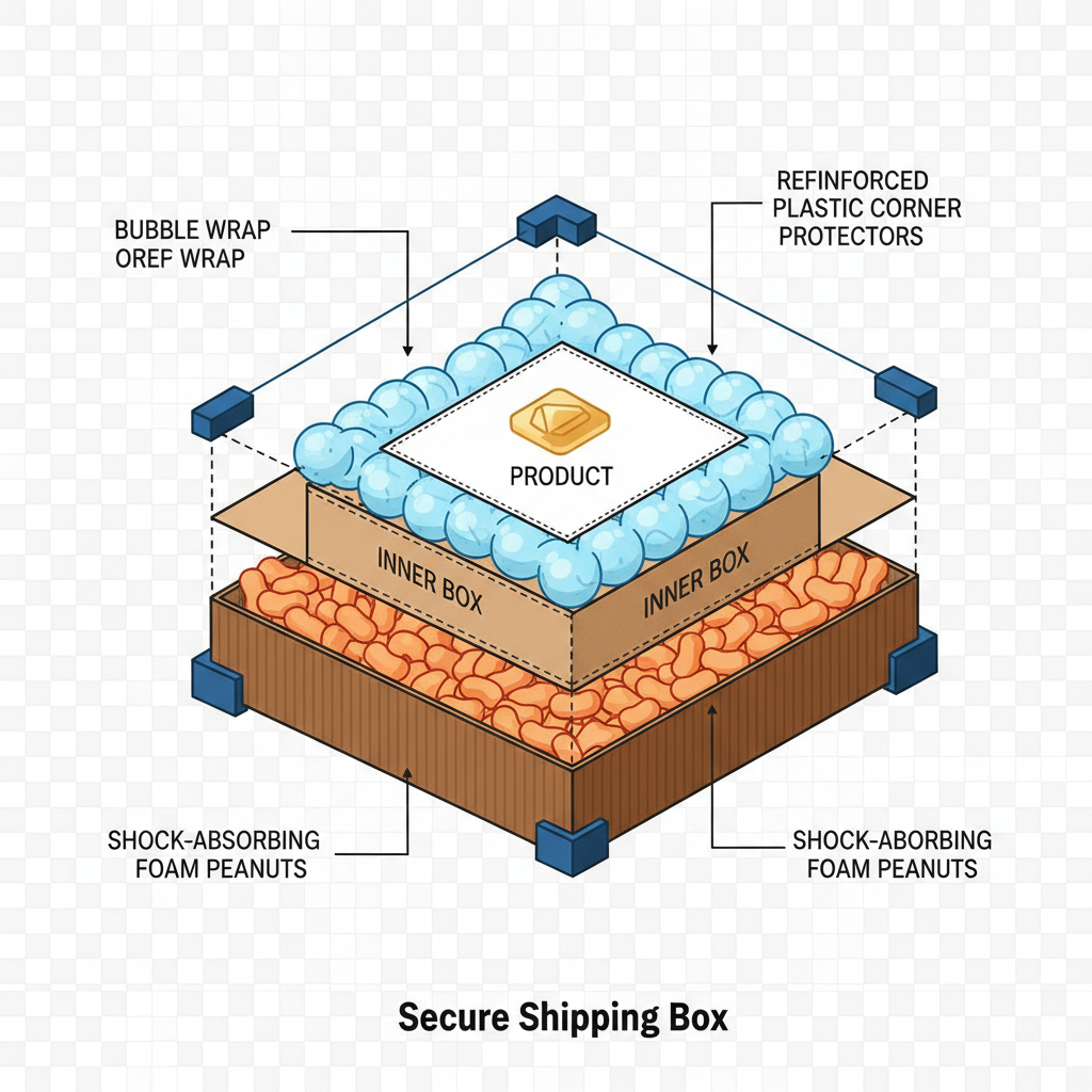 Infographic showing the multi-layered double-boxing method for shipping fragile goods safely.