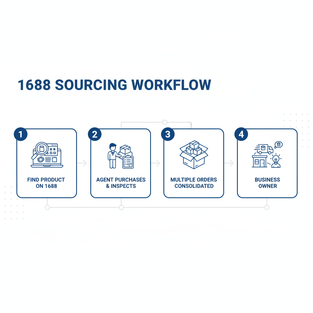 Infographic showing the step-by-step process of sourcing and consolidating low MOQ orders from 1688.