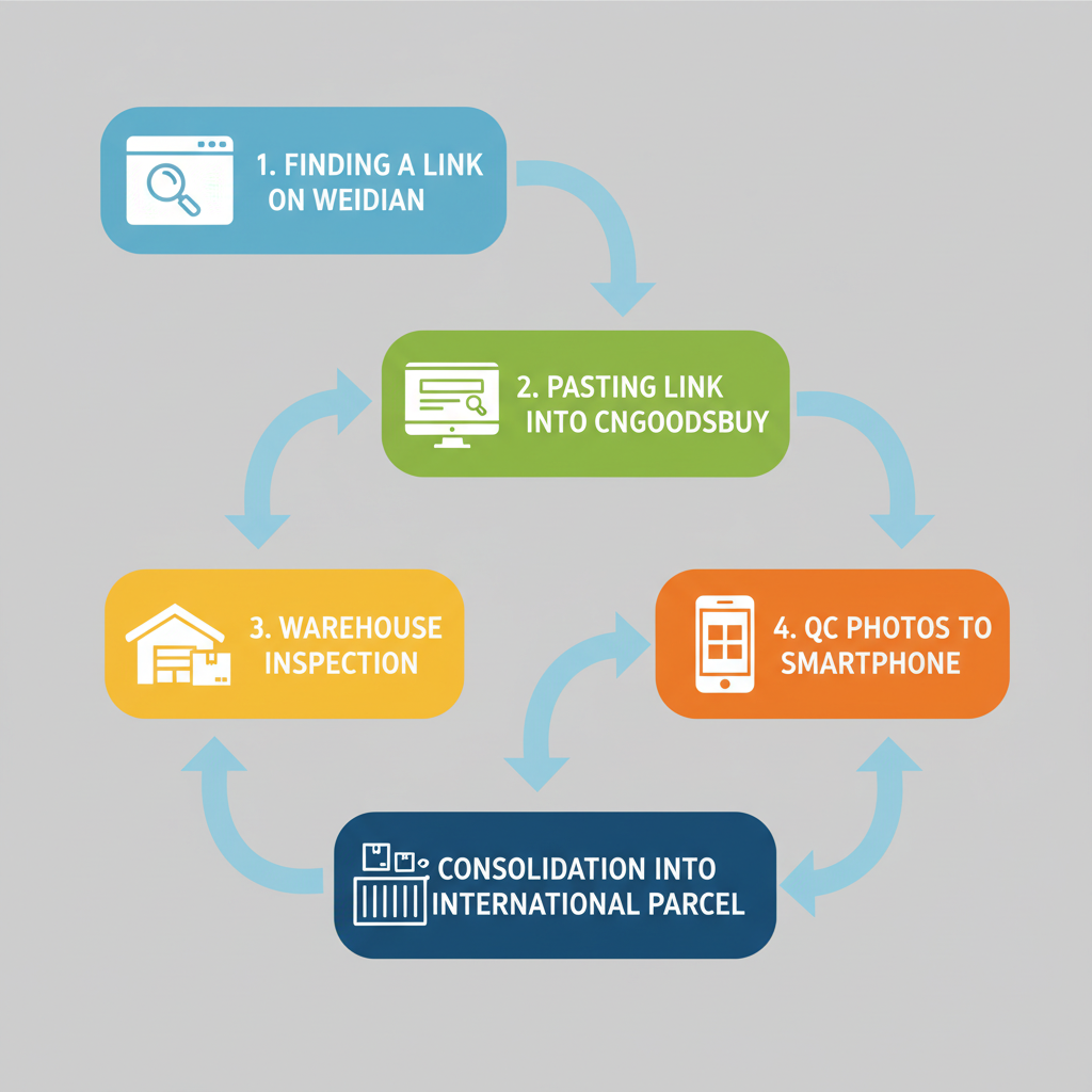 Infographic showing the step-by-step process of buying from Weidian via an agent like CNGoodsBuy.