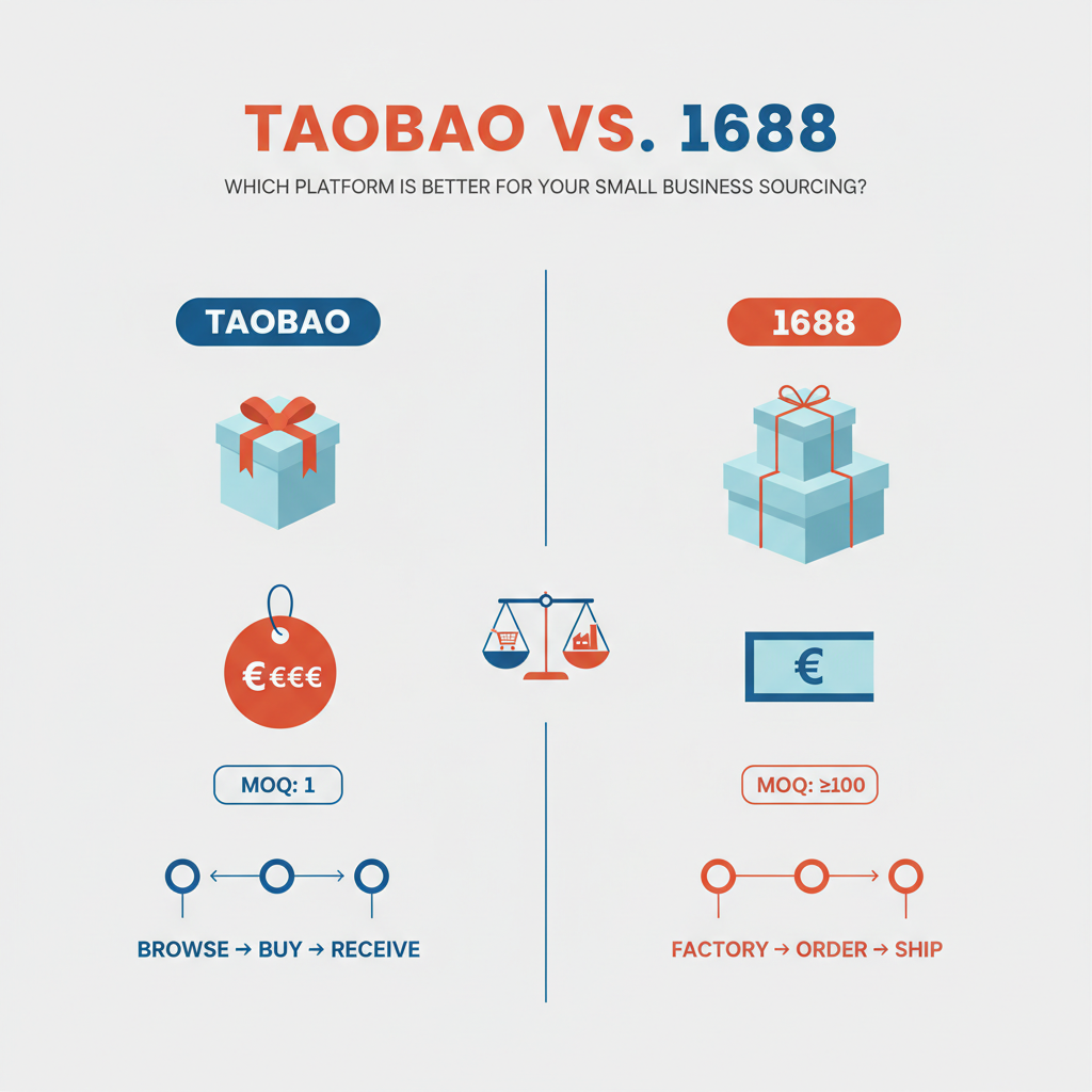 Infographic comparison of Taobao and 1688 sourcing workflow for small business buyers