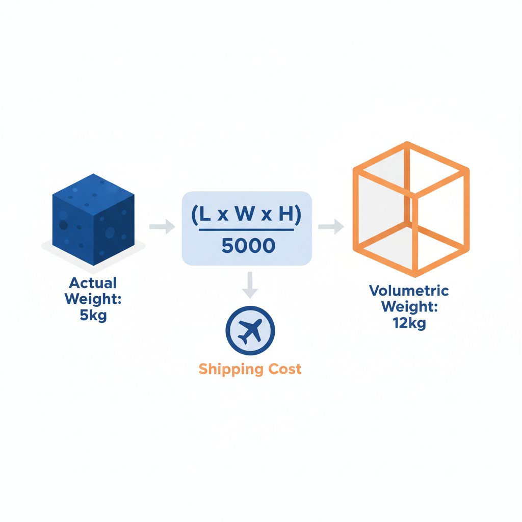 An infographic explaining the difference between actual weight and volumetric weight for international shipping calculations.