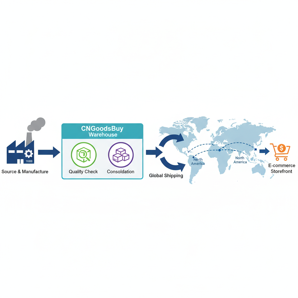 Workflow diagram showing how CNGoodsBuy manages 1688 sourcing, quality control, and international shipping.