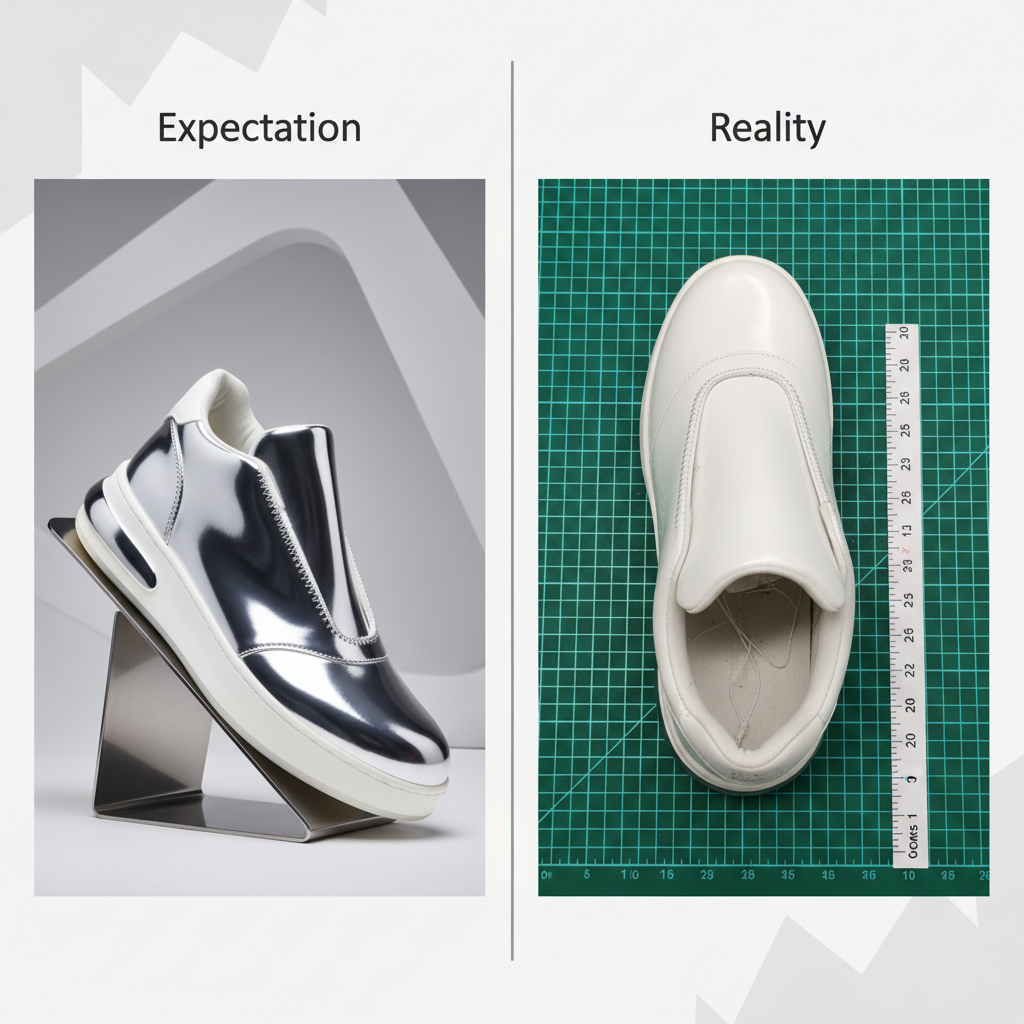 A comparison showing the difference between a seller's stock photo and a professional warehouse quality control photo with measurements.