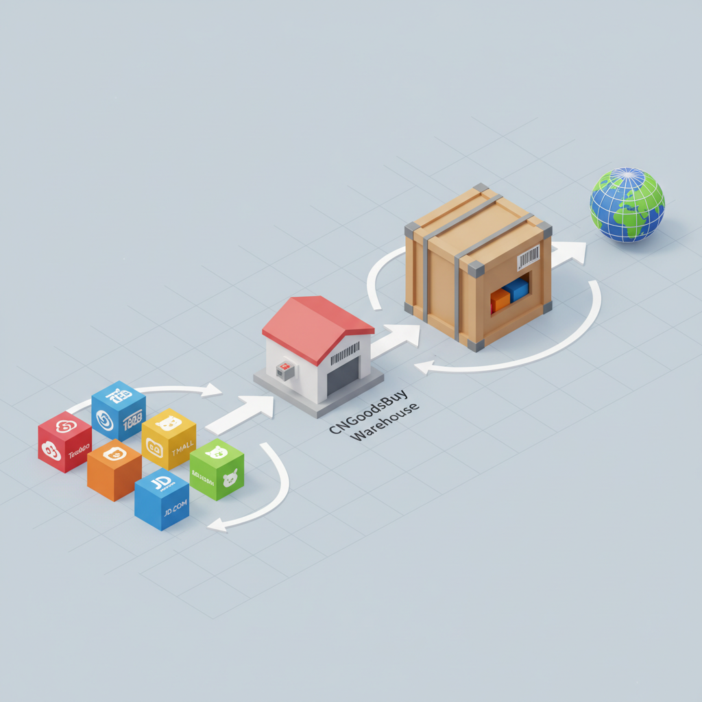 An isometric infographic illustrating the process of combining multiple small packages into one large consolidated shipment.