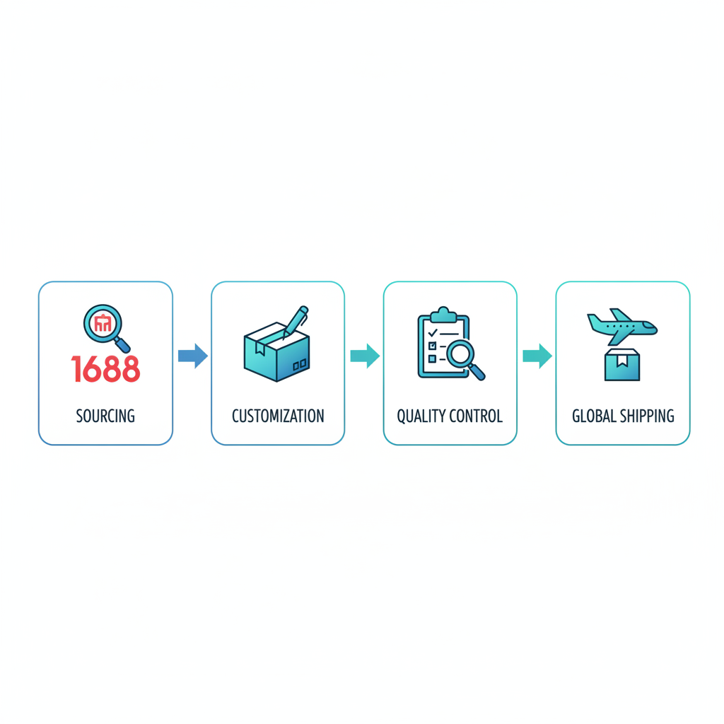 A step-by-step workflow of sourcing, customizing, and shipping white label products from China via an agent.