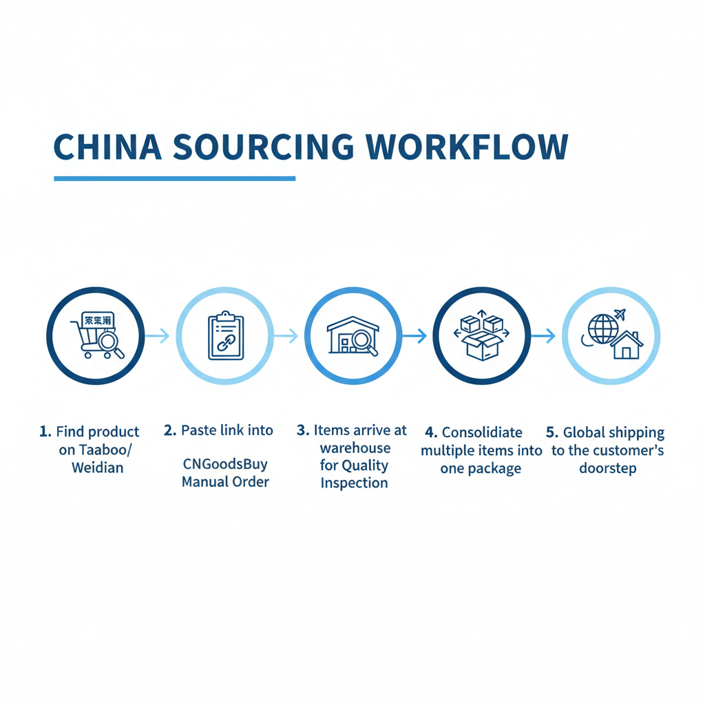 Infographic showing the step-by-step process of using CNGoodsBuy to source and ship anime merchandise from China.