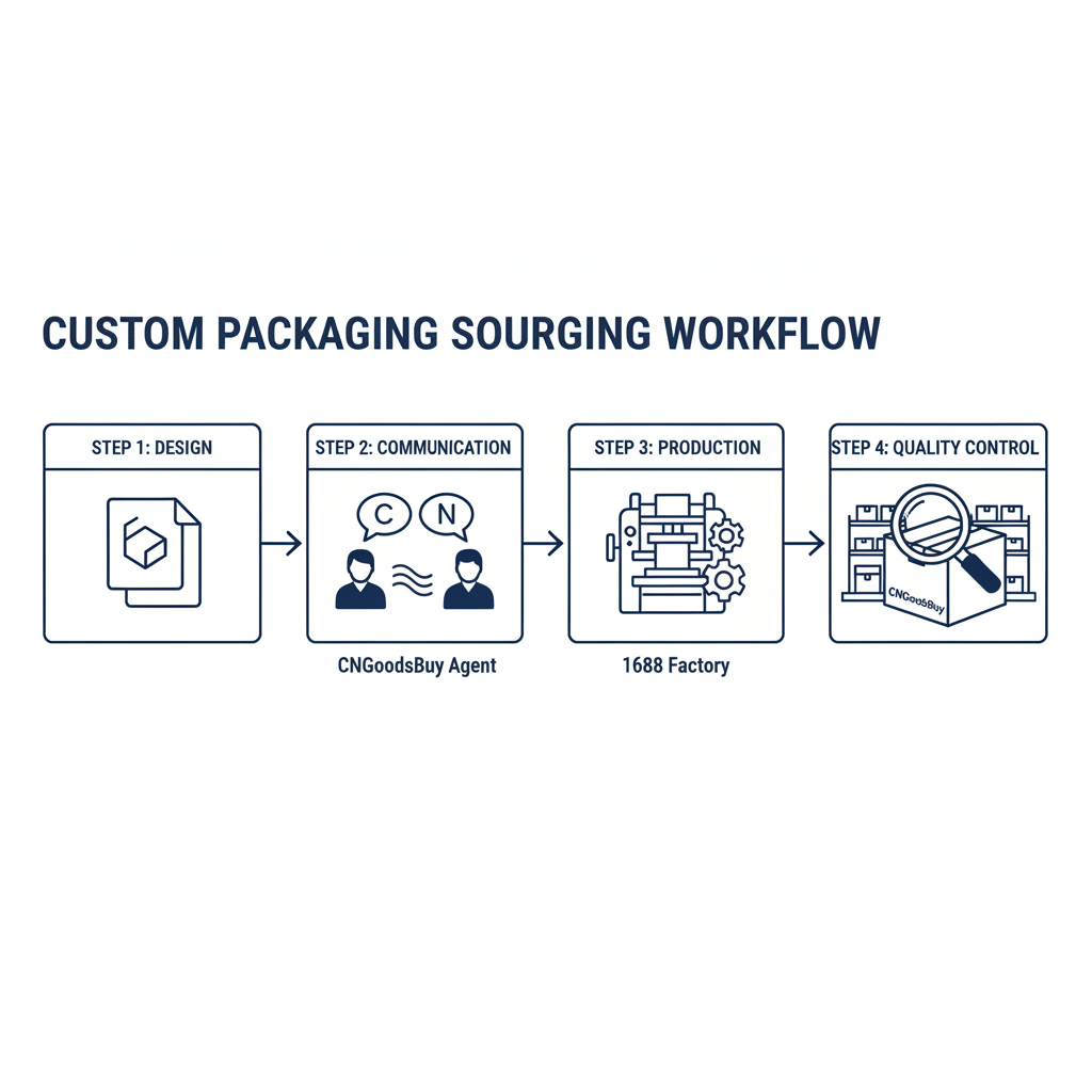 Infographic showing the 4-step process of sourcing custom packaging from 1688 with CNGoodsBuy.