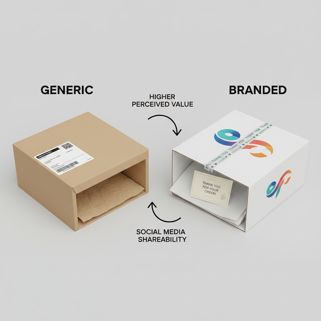 Infographic comparing plain shipping boxes versus custom branded packaging for e-commerce.