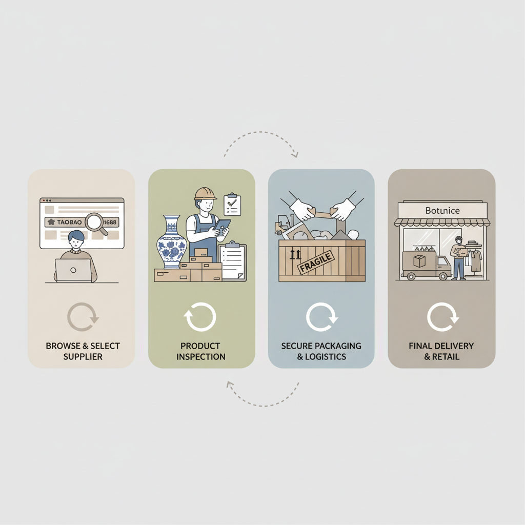 Step-by-step infographic showing how a China agent inspects and ships fragile home decor.