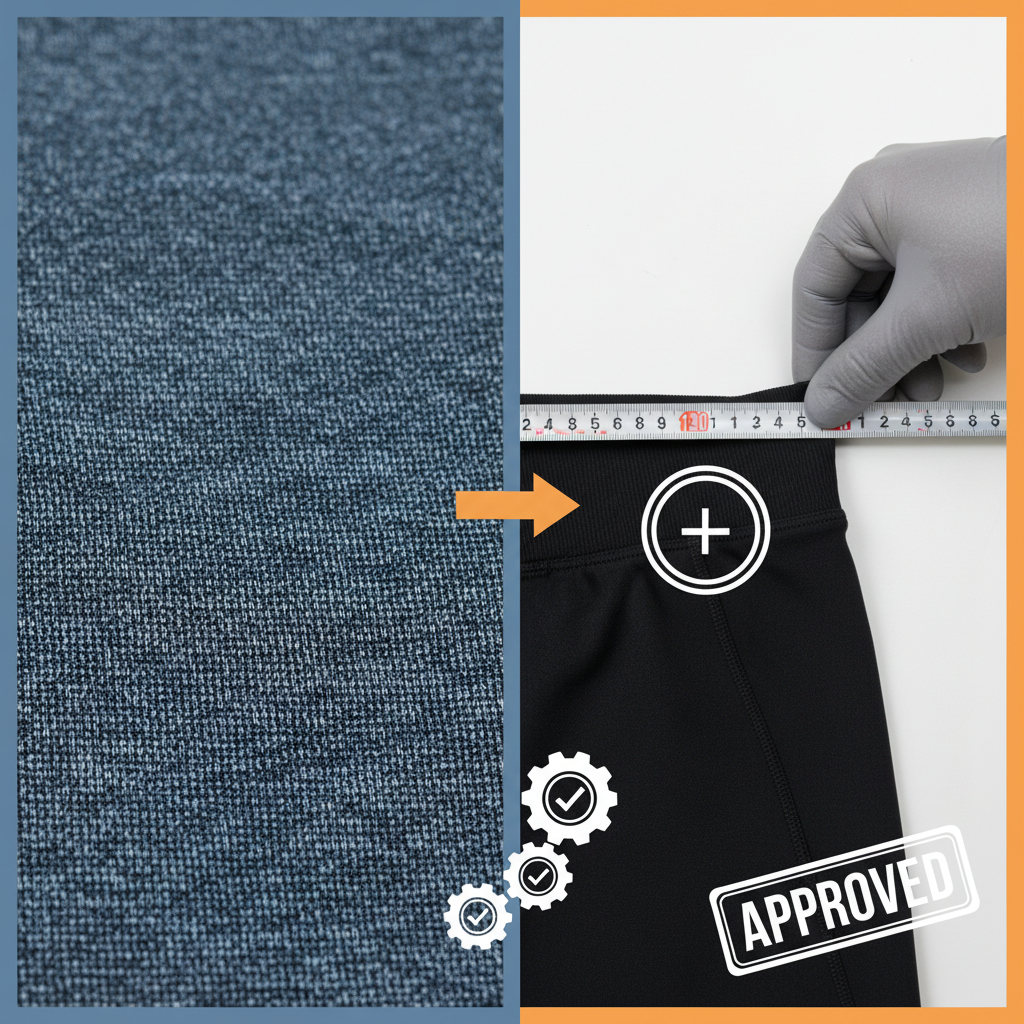 Quality control process showing fabric detail and sizing measurement for activewear.