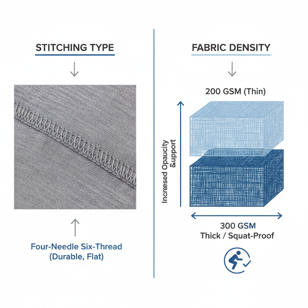 Technical comparison of activewear stitching and GSM fabric thickness for quality control.