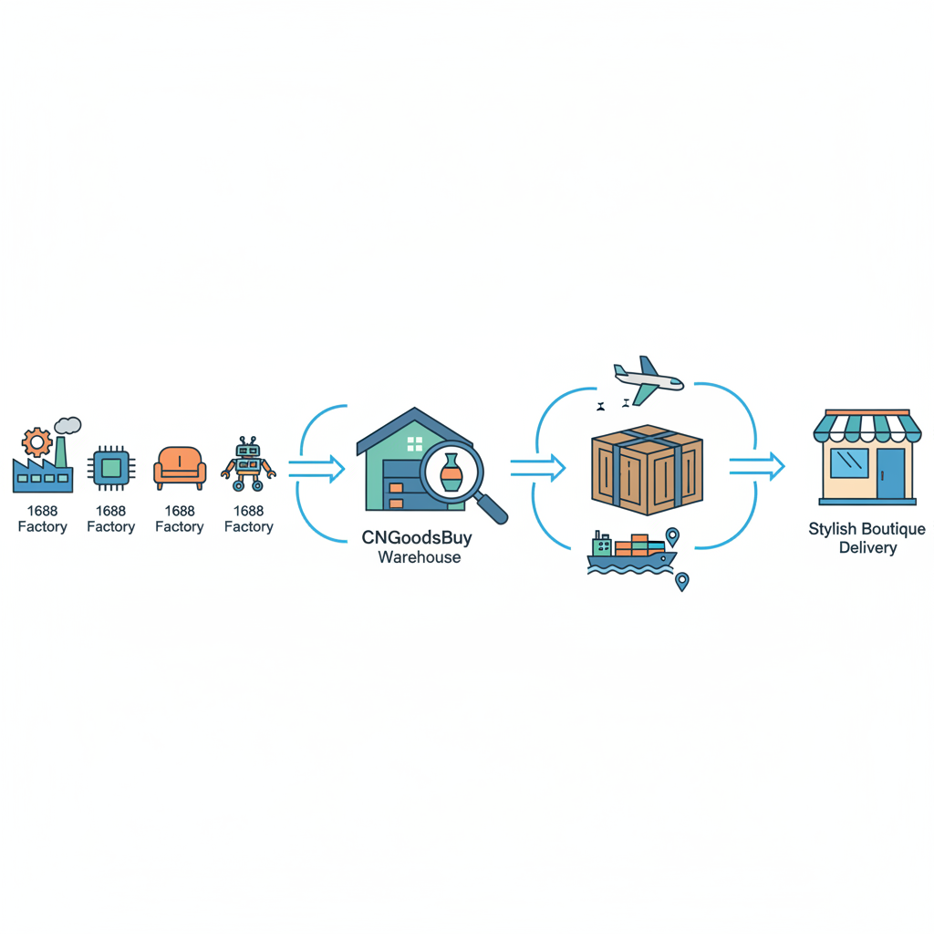 Infographic showing the sourcing and shipping process from 1688 factories through CNGoodsBuy warehouse to the final boutique destination.