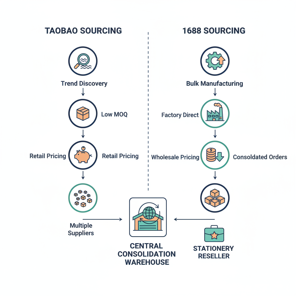 A comparison chart showing the differences between sourcing from Taobao and 1688 for stationery resellers.