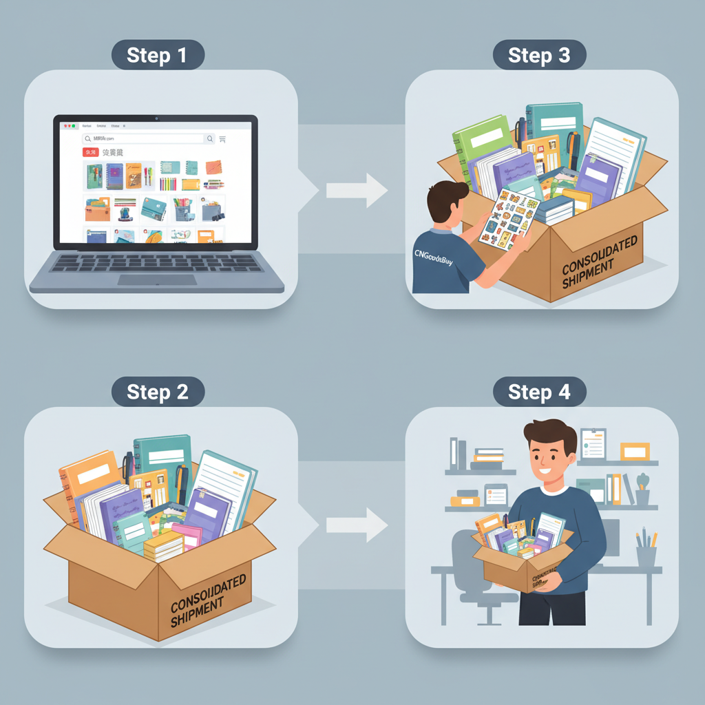 Infographic showing the step-by-step process of sourcing stationery from 1688 using CNGoodsBuy.