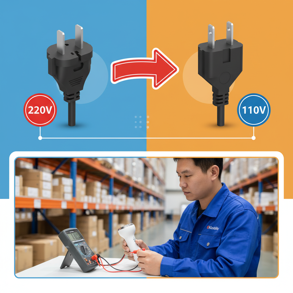 Technical inspection process for beauty equipment showing voltage and plug conversion