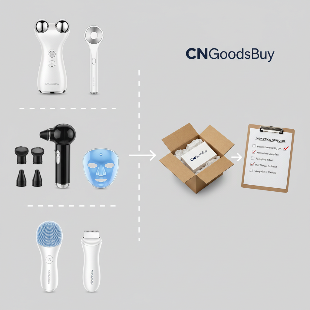 Comparison of various 1688 beauty gadgets next to a CNGoodsBuy quality inspection checklist.