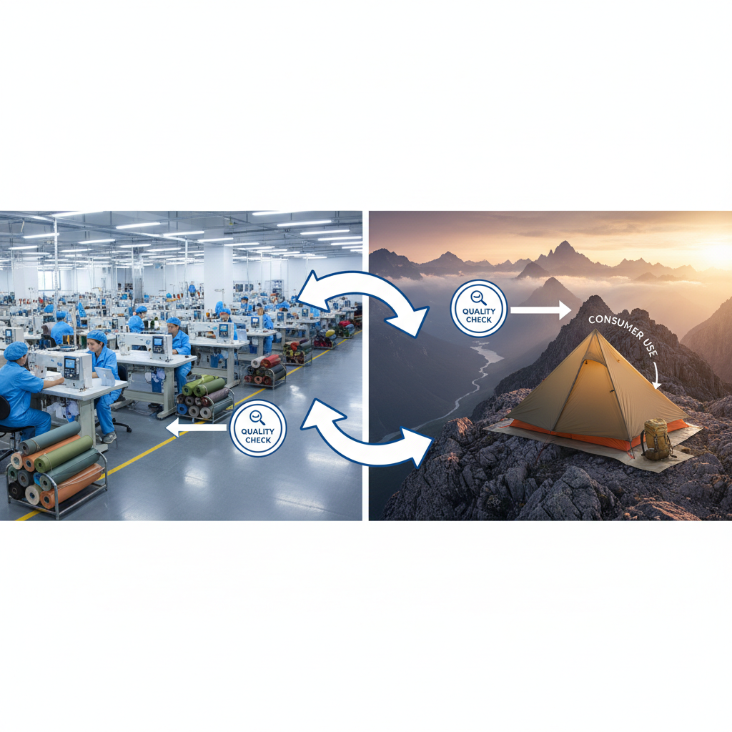 Infographic showing the manufacturing process of technical camping gear from a Chinese factory to a finished product.
