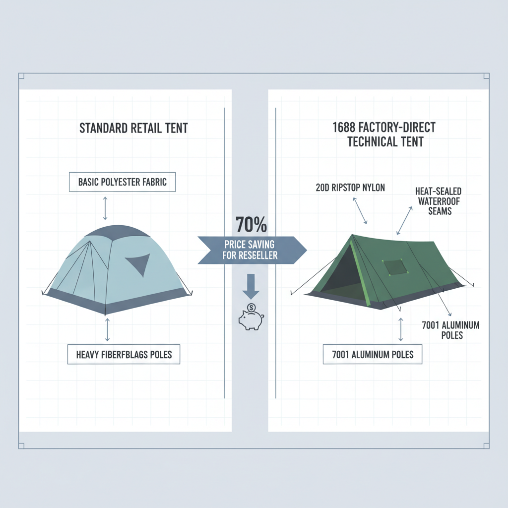 Infographic comparing retail camping tent specifications versus high-quality 1688 factory-direct specifications.