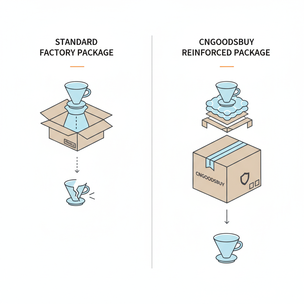 Infographic showing the secure packaging process for fragile coffee accessories at the CNGoodsBuy warehouse.