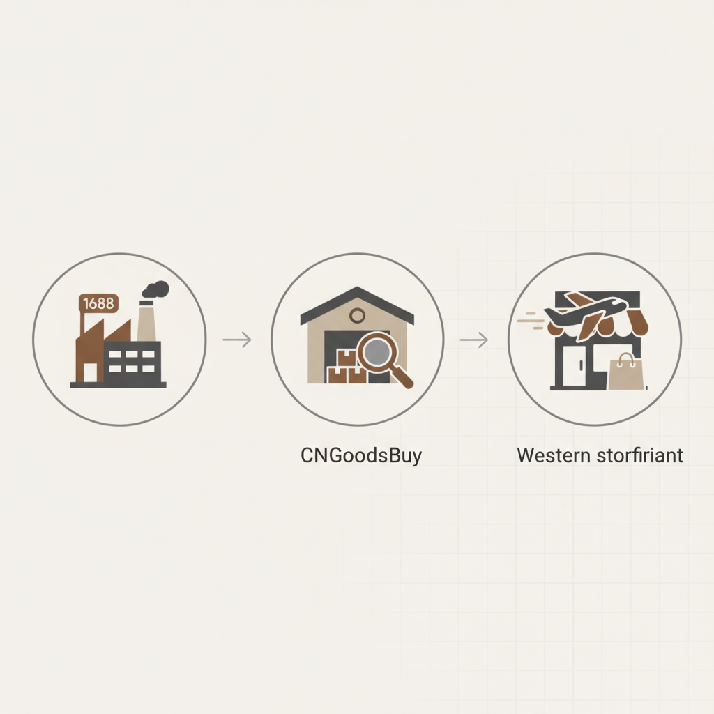 Infographic showing the step-by-step process of sourcing coffee tools from 1688 through CNGoodsBuy.