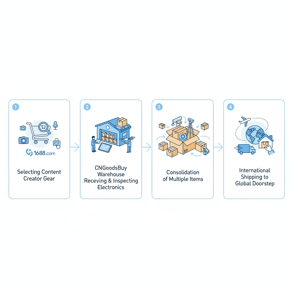 Workflow diagram showing how to source from 1688 through CNGoodsBuy for international resale.