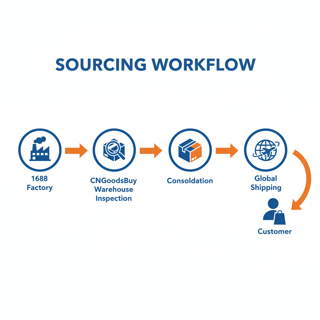 Infographic showing the step-by-step sourcing process from 1688 factories through CNGoodsBuy warehouse to global delivery.