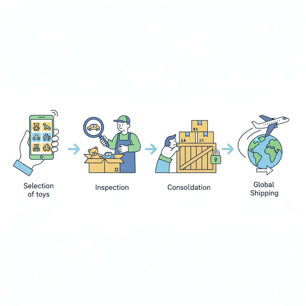 Infographic showing the sourcing, inspection, and shipping process for designer toys from China.