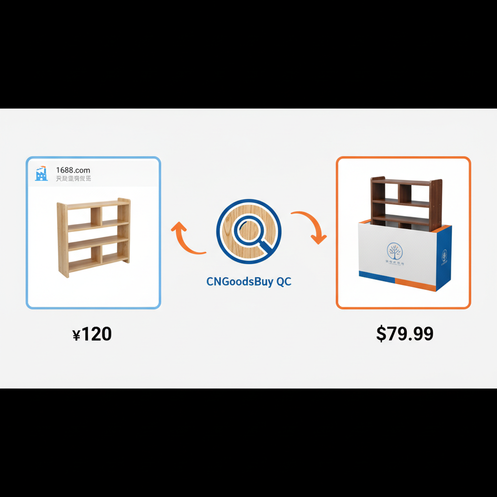 Infographic showing the process of sourcing from 1688 to retail via CNGoodsBuy quality control