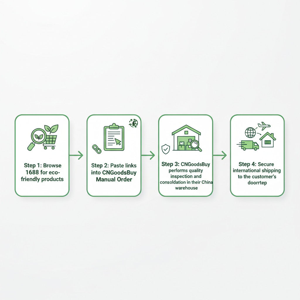 Infographic showing the step-by-step process of sourcing from 1688 using CNGoodsBuy agent services.