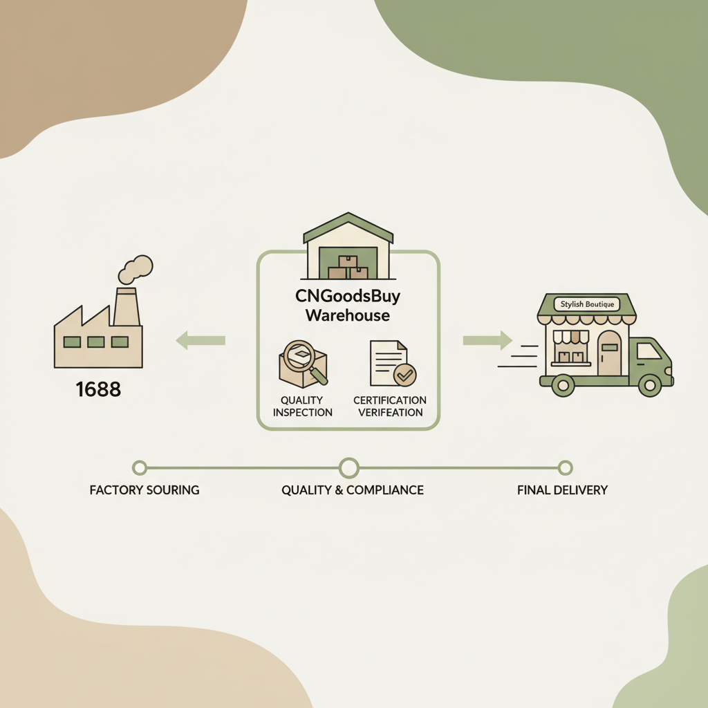 Infographic showing the process of sourcing from 1688 through CNGoodsBuy for quality and certification verification.