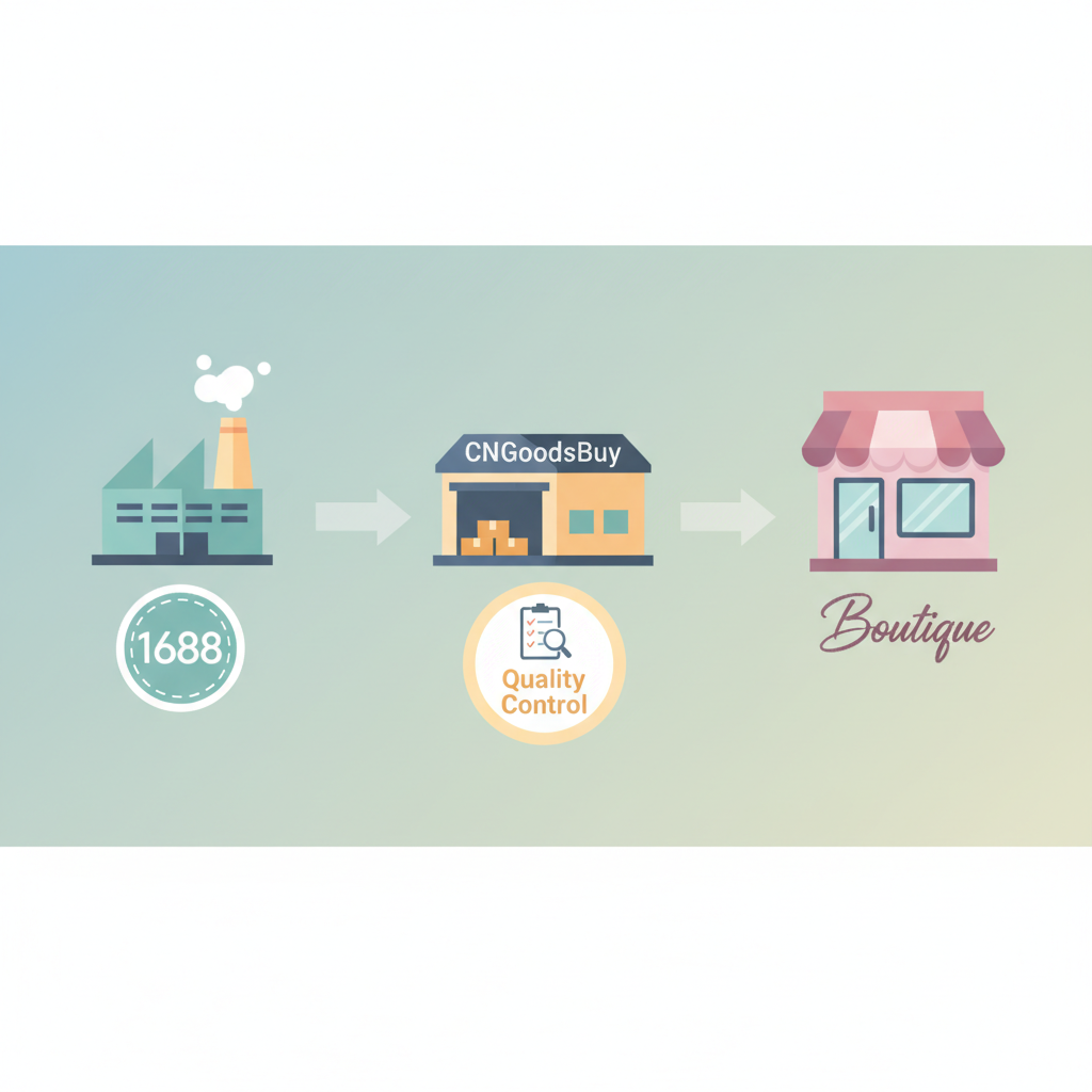 Infographic showing the sourcing process from 1688 factory to CNGoodsBuy warehouse to retail store.