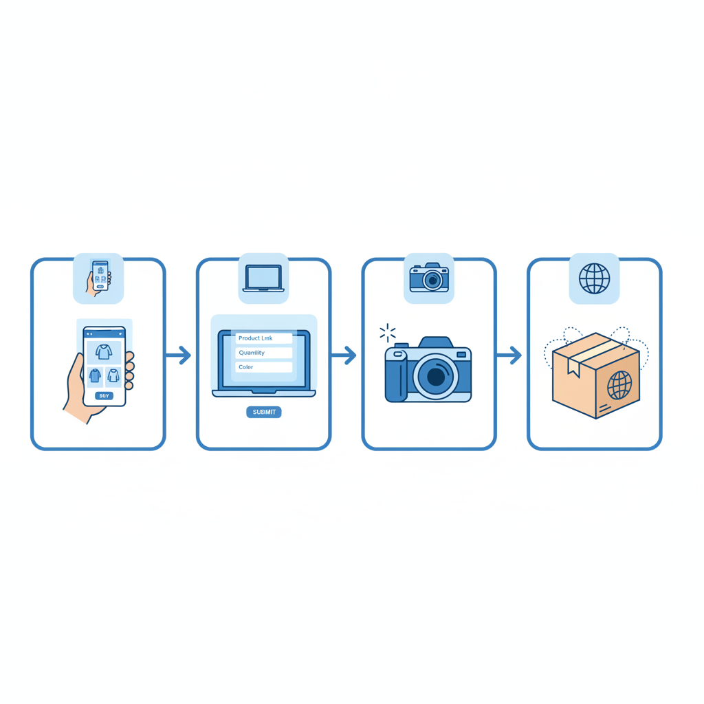 Infographic showing the 4-step process of using CNGoodsBuy to order from Weidian.