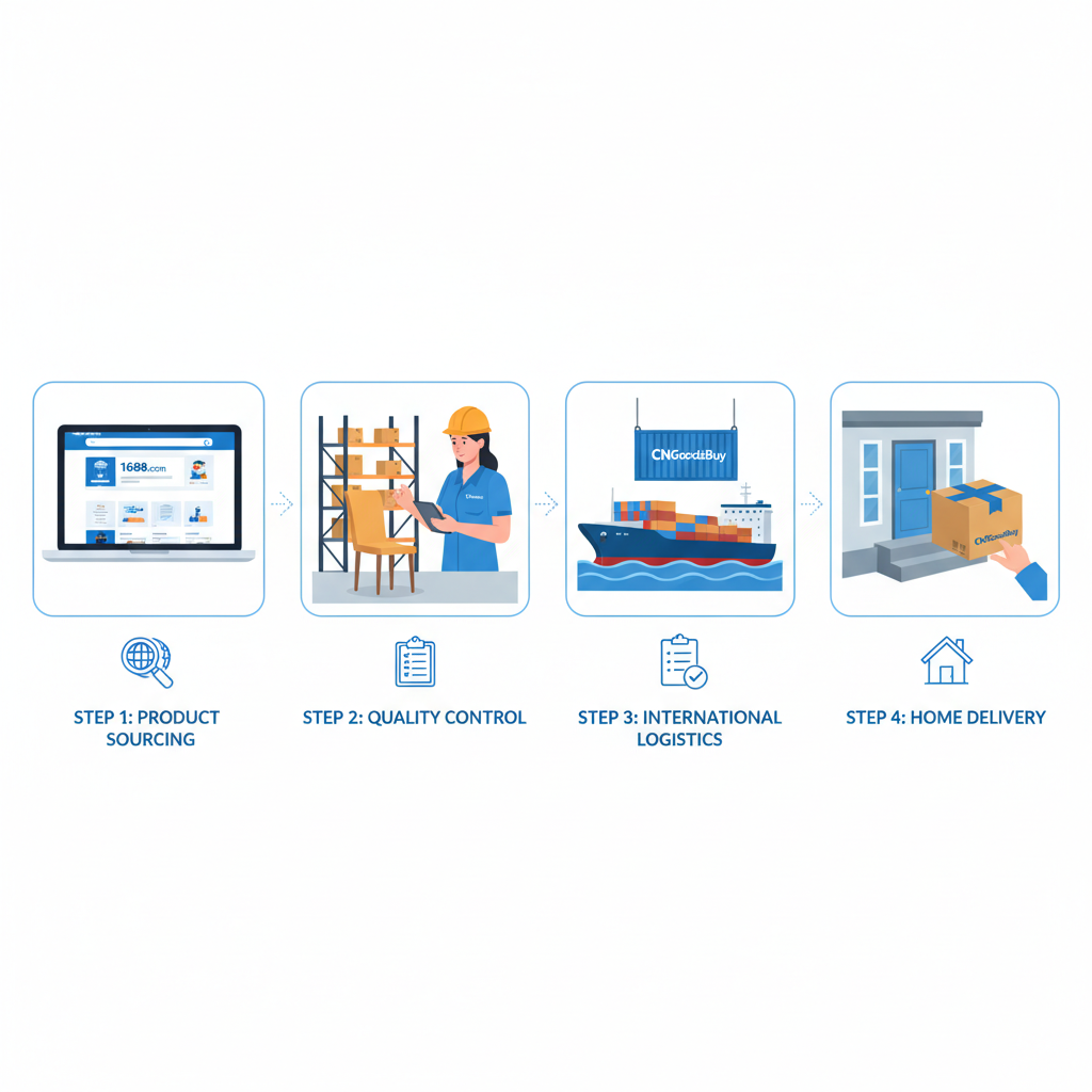 Infographic showing the 4-step process of sourcing from 1688 to international delivery via CNGoodsBuy.