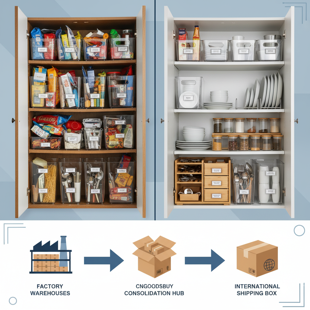 Comparison of a messy cabinet versus an organized one using products sourced via CNGoodsBuy.