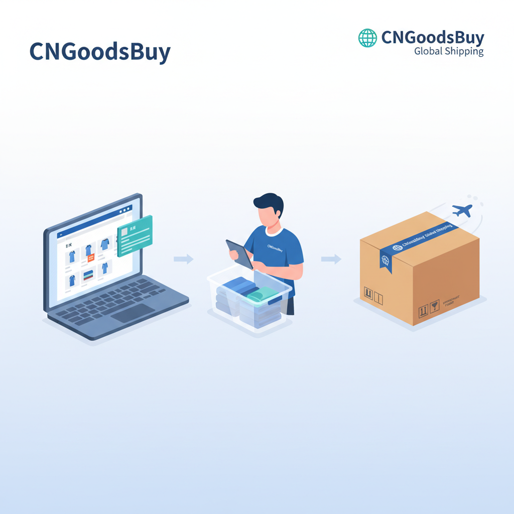 Workflow diagram showing the process of sourcing, inspecting, and shipping 1688 products via CNGoodsBuy.